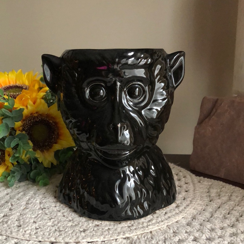 Glossy Black Ceramic Monkey Head Planter Pot - Home Art Accent